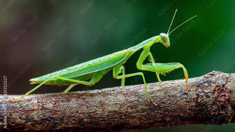 A close-up of a green mantis on a branch in nature. A close-up of a green mantis on a branch in nature.