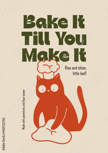 Cat Chef Kneading Dough with Hat Poster Illustration
