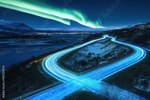 Colorful northern lights illuminate winding roads near a tranquil lake at night