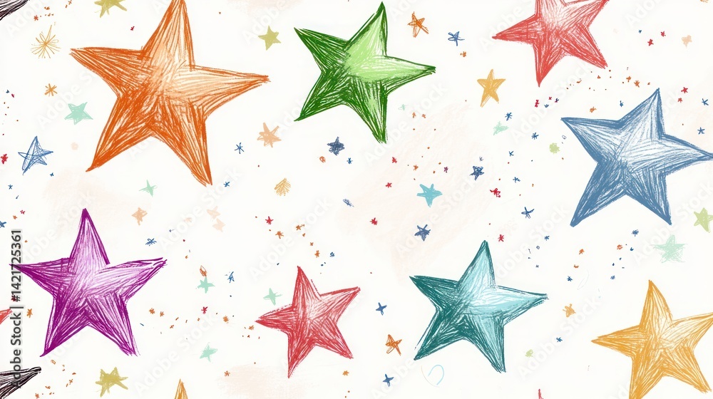 Obraz premium Colorful hand-drawn stars scattered on white background