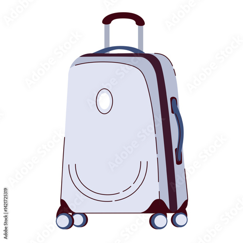 Grey suitcase with handle and wheels. Case box with blank tag of airport or hotel. Luggage, valise mascot, small suitcase for travel cartoon vector illustration