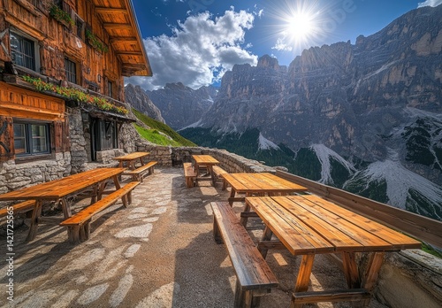Mountain hut patio with tables