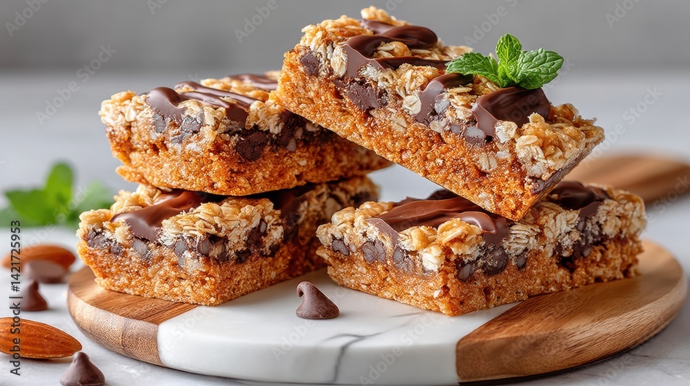 Delicious, layered oat bars topped with chocolate drizzle, almond pieces, and a sprig of mint, presented on a wooden plate against a neutral background.