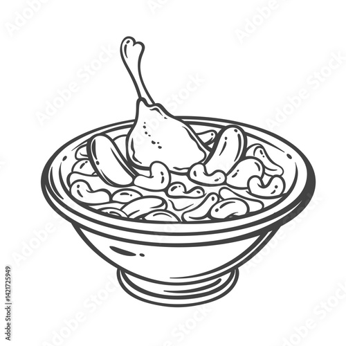 Cassoulet, French slow cooked stew with meat outline. Hand drawn pot of traditional rustic soup with duck, sausages and beans. Cuisine of Southern France mascot, homemade cassoulet vector illustration