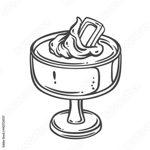 Chocolate mousse, French cartoon dessert. Portion of gourmet cream souffle in glass bowl with swirl and chocolate slice on top. Cuisine of France mascot, cartoon sweet food vector illustration