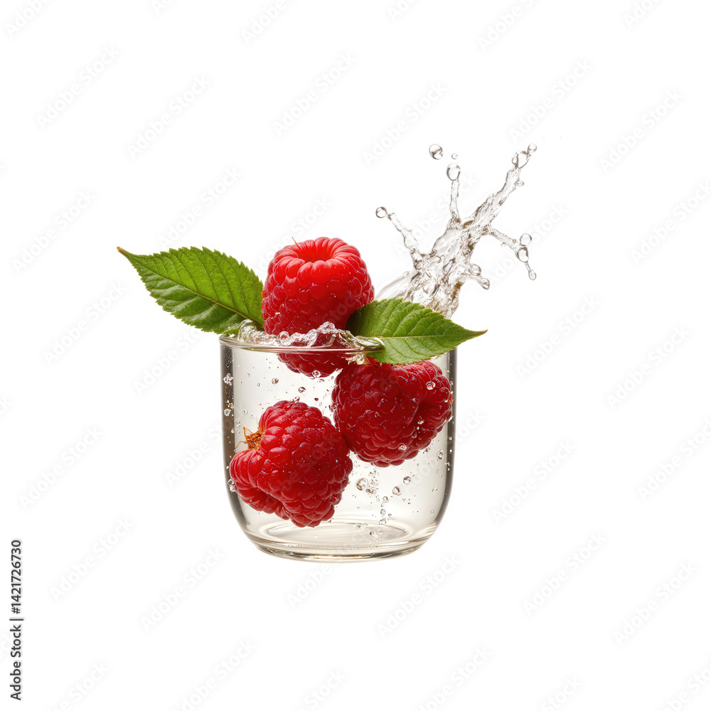 Fresh raspberries splashing into a glass of water with green leaves, creating a vibrant and refreshing scene. Fresh raspberries splashing into a glass of water with green leaves, creating a vibrant and refreshing scene.