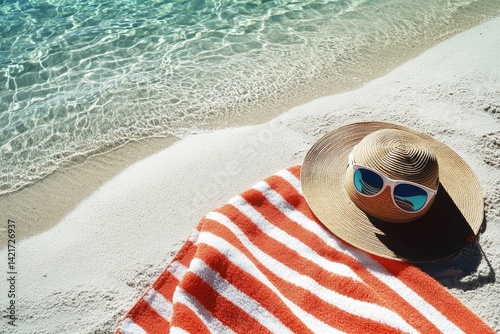 Beach towel, hat, and sunglasses