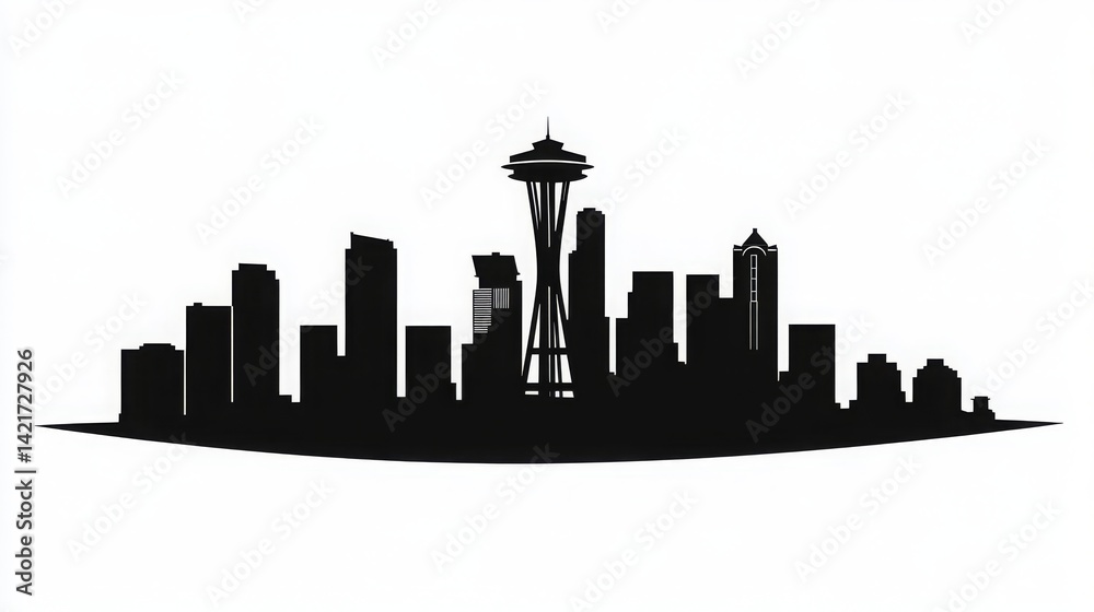 Obraz premium Minimal black and white silhouette of downtown Seattle skyline featuring iconic urban architecture, modern highrise buildings, and sharp cityscape contrast for abstract city design concepts.