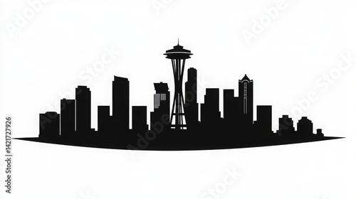 Minimal black and white silhouette of downtown Seattle skyline featuring iconic urban architecture, modern highrise buildings, and sharp cityscape contrast for abstract city design concepts.