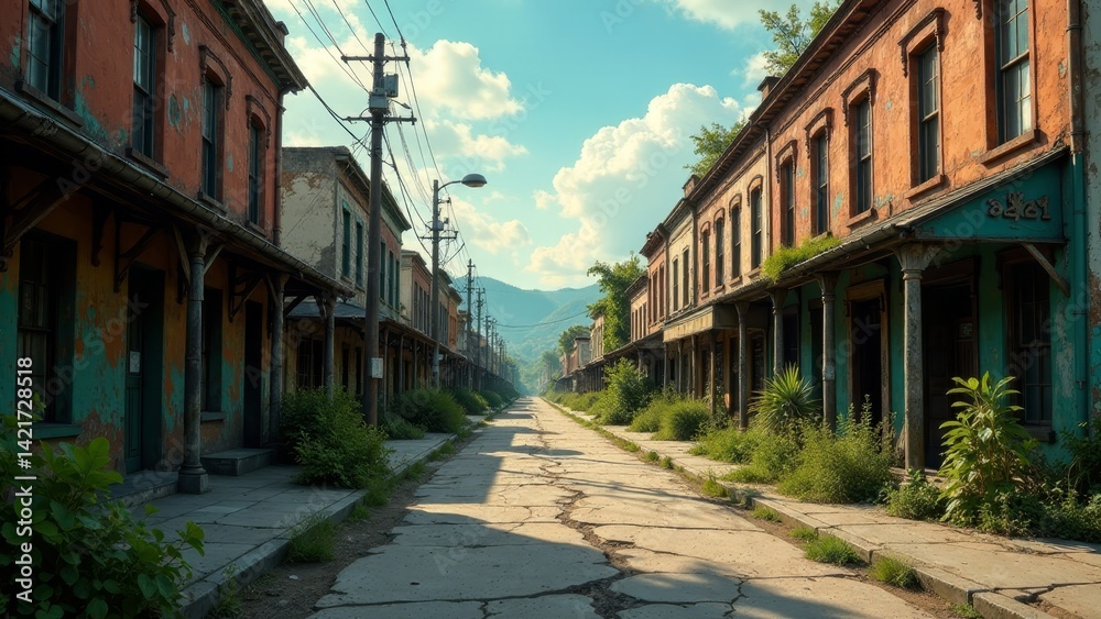 A sun-drenched street lined with aged, weathered buildings, showing the passage of time and nature's quiet reclamation. A sun-drenched street lined with aged, weathered buildings, showing the passage of time and nature's quiet reclamation.