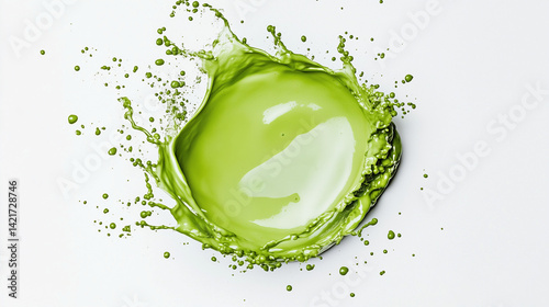 Matcha green tea splash top view isolated on white background.
