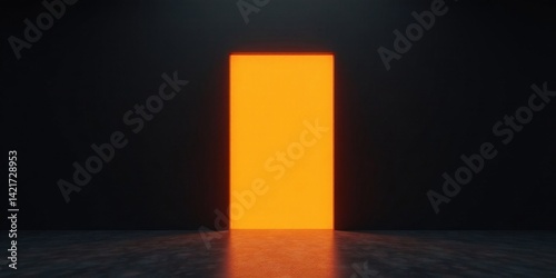 Bright orange door in a dark room, a portal to another dimension, mystery and enigma