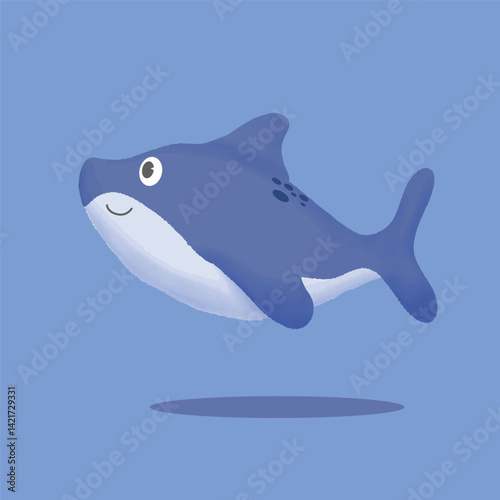 cartoon-style illustration of a blue shark. The shark has a rounded, friendly appearance with a smiling face and large