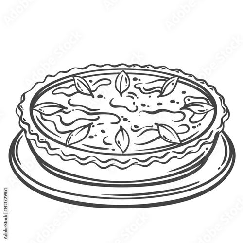 Quiche Lorraine, French recipe of savory pie outline. Hand Drawn plate of tart with baked pastry crust, bacon ham, egg and cream filling. Cuisine of France mascot, classic quiche vector illustration