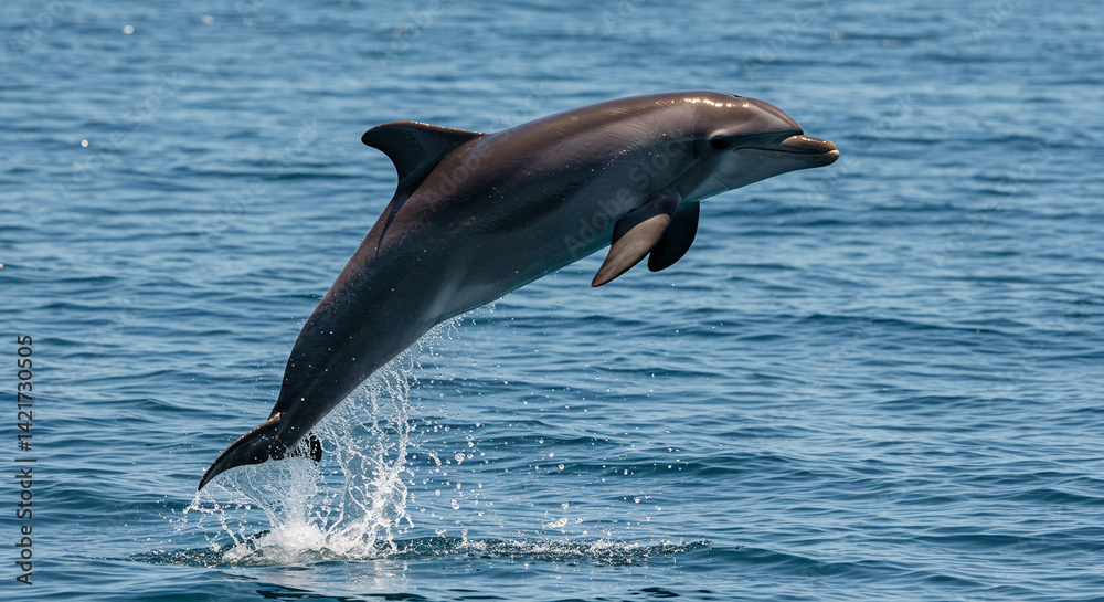 Fototapeta premium Dolphin Jumping Out of Water in Ocean Sunlight