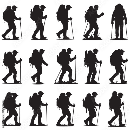 backpacker vector silhouettes, Male and female hiker with backpack, Climber hiker backpacker silhouette