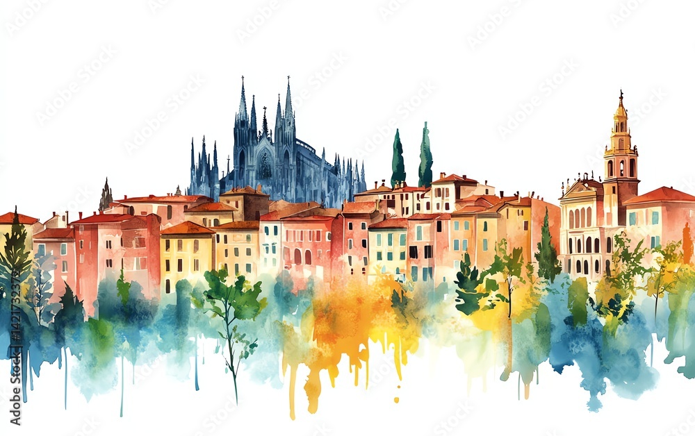 Obraz premium Vibrant handdrawn watercolor illustrations of European cities, showcasing cultural icons like the Milan Cathedral and the Spanish Steps, in a modern urban travel collection