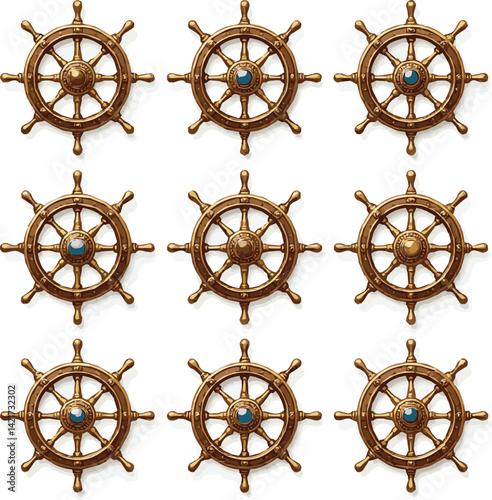 Create a kinds of Different 9 ship steering wheels Vector art with white background