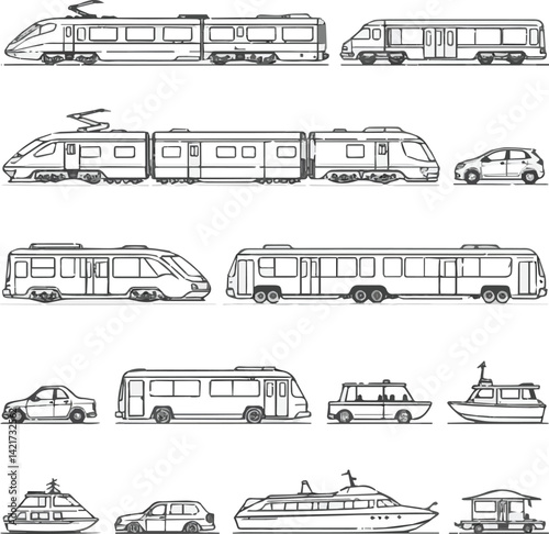 Create a kinds of Different 20 unique public transportation icons Vector art with white background