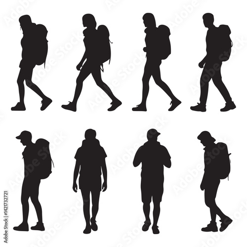 backpacker vector silhouettes, Male and female hiker with backpack, Climber hiker backpacker silhouette