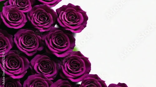 Purple roses arranged in a corner design on a white background, perfect for a greeting card or floral display