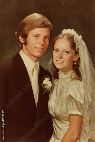 vintage wedding portrait color film photo of bride and groom from 1970s