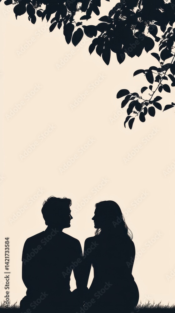 Silhouette of a Romantic Couple Sitting Under Tree Branches with Leaves in a Natural Outdoor Scene Du Sunset or Sunrise for Love and Relationship Themes Silhouette of a Romantic Couple Sitting Under Tree Branches with Leaves in a Natural Outdoor Scene Du Sunset or Sunrise for Love and Relationship Themes
