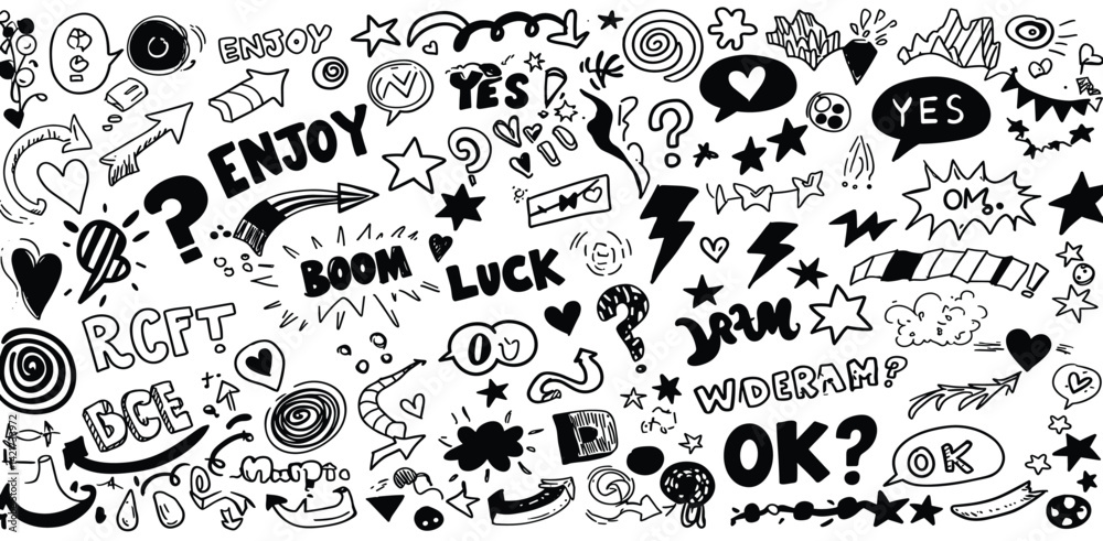 Fototapeta premium Cute line sketch star, arrow, cloud decoration element icon set. Hand drawn sketch doodle cute star, heart, flower element. 