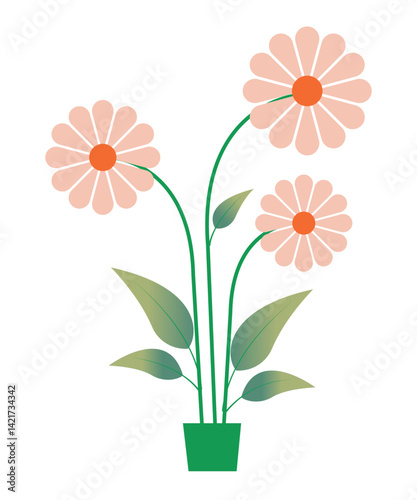 Flat Vector Flower Pot with Blooming Daisies Illustration