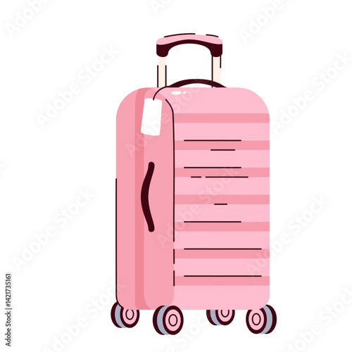 Pink cartoon suitcase with handle and wheels. Rectangular case box with blank tag of airport or hotel. Luggage, valise mascot, cartoon cute girly suitcase for travel vector illustration