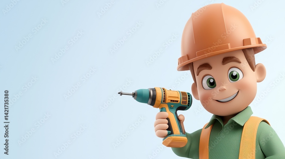 A cheerful cartoon character in a hard hat holds a drill, embodying a playful approach to construction and DIY projects. A cheerful cartoon character in a hard hat holds a drill, embodying a playful approach to construction and DIY projects.