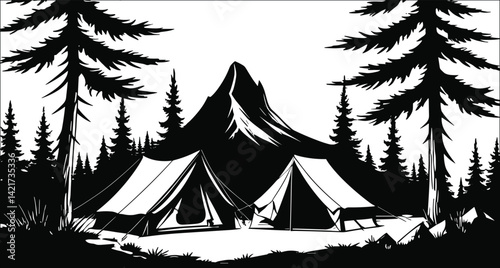 Camping Adventure In Mountain Forest Black And White Vector Illustration