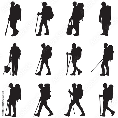 backpacker vector silhouettes, Male and female hiker with backpack, Climber hiker backpacker silhouette