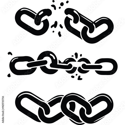 Three black chain link illustrations showing different stages of breaking.