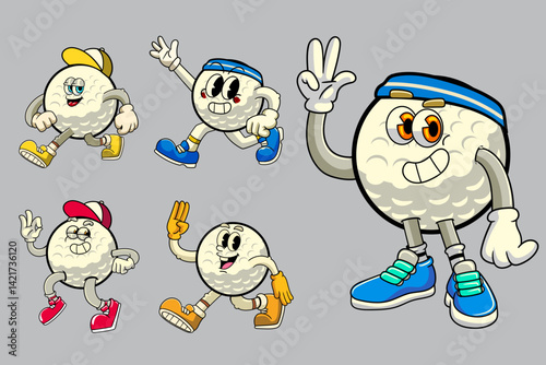 Set of Golf Ball Sports mascot cartoon character in Vintage Style