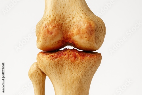 Close-up of knee joint model depicting osteoarthritis damage and inflammation. Arthritis knee pain