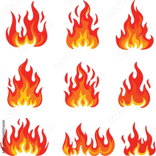 Nine vibrant cartoon flames, perfect for fiery designs, logos, or illustrations.