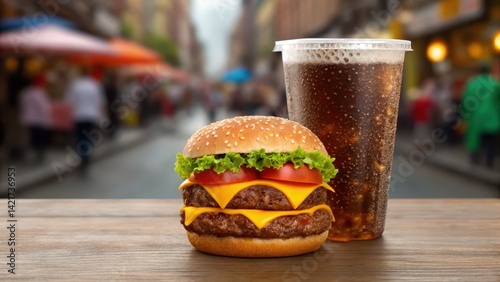 Delicious burger with soda in a vibrant street setting.