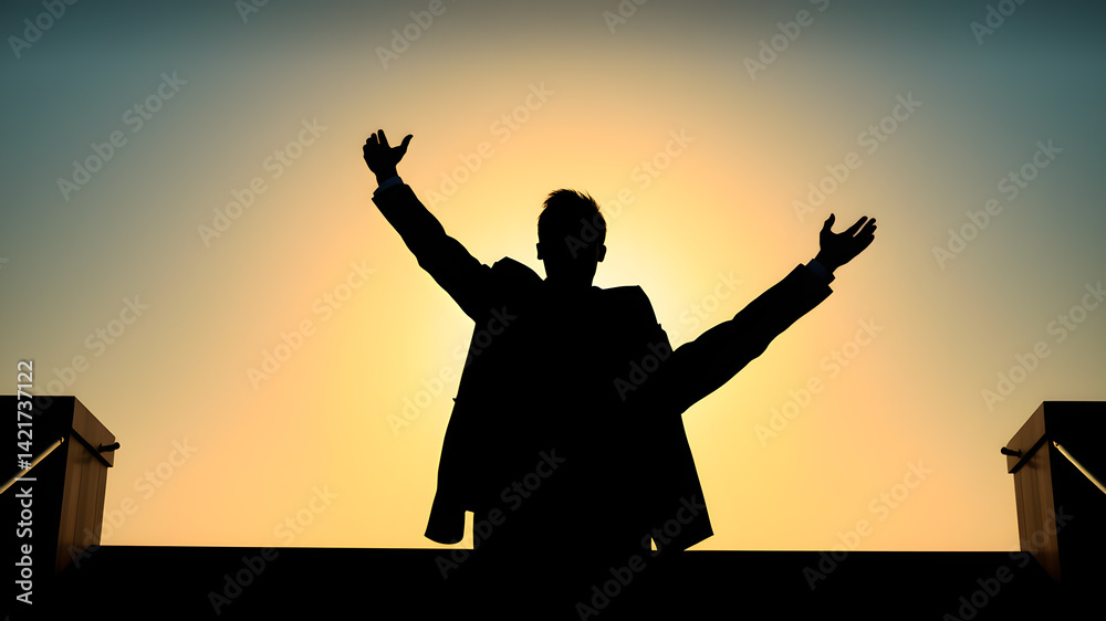 Fototapeta premium Silhouette of businessman celebrating raising arms on the top stairs with over Generative AI