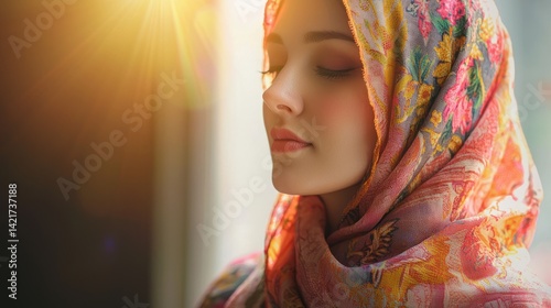 Holy saint bless sacred divin light shine scarf cute young wife lady face ask wish trust king Lord savior care help. bliss forgive soul spirit dream joy thank praise biblic marri grace life father arm photo