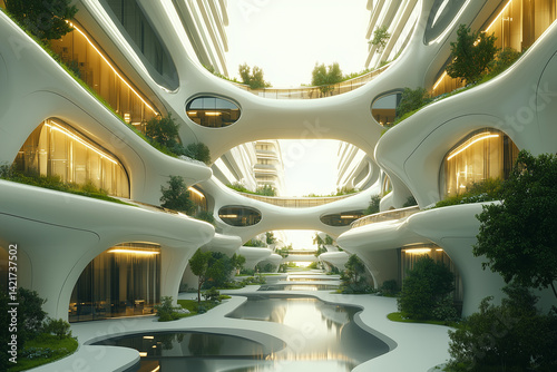 Futuristic corporate building with green balconies and solar panels, daylight interior, biophilic workplace design, eco-friendly materials