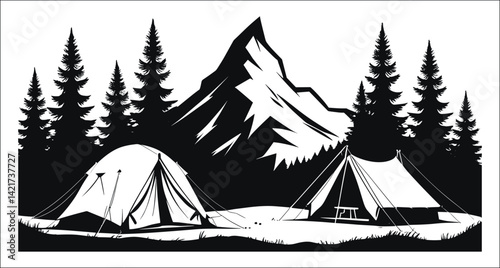 Camping In The Mountains Illustration With Forest And Tents Design