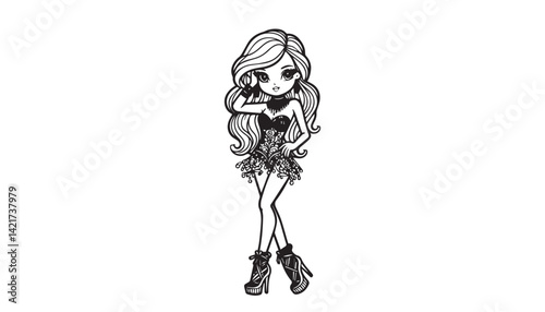 Vector illustration of cartoon woman black and white drawing For children to learn to color according to the picture.