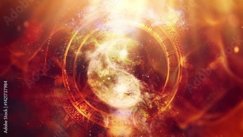 Yin Yang Symbol in maya calendar. Cosmic space background.