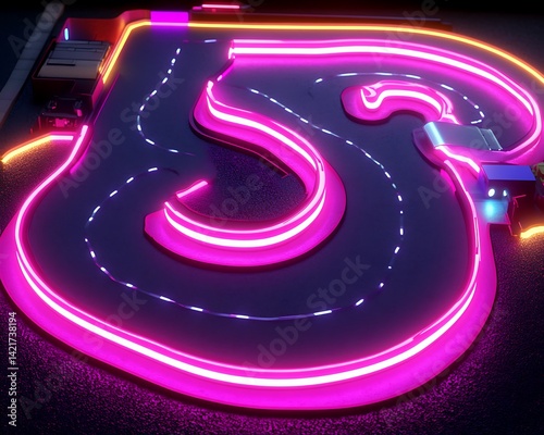 A futuristic racing track with vibrant glowing neon lights