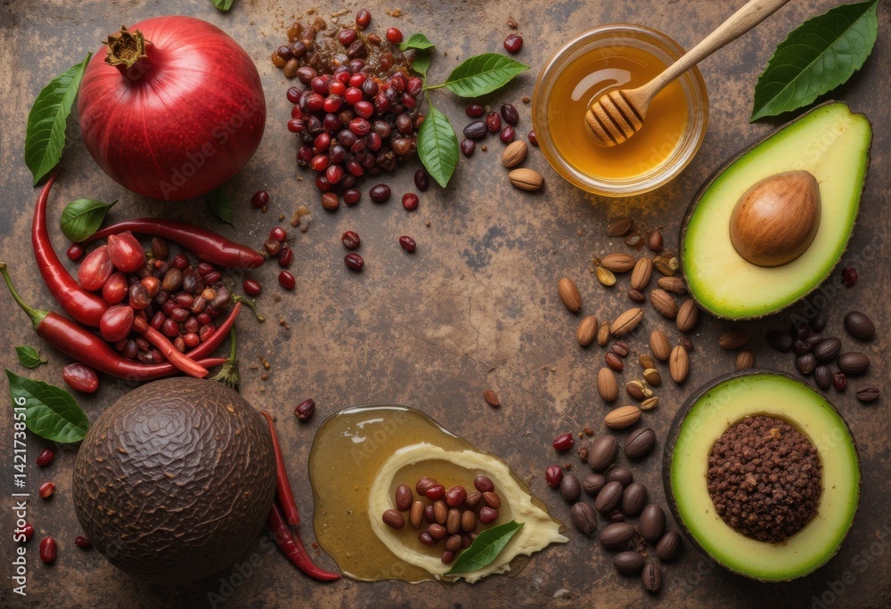 Ingredientes afrodisíacos exóticos, granada, chiles, miel, aguacate y granos de cacao sobre un fondo rústico Ingredientes afrodisíacos exóticos, granada, chiles, miel, aguacate y granos de cacao sobre un fondo rústico