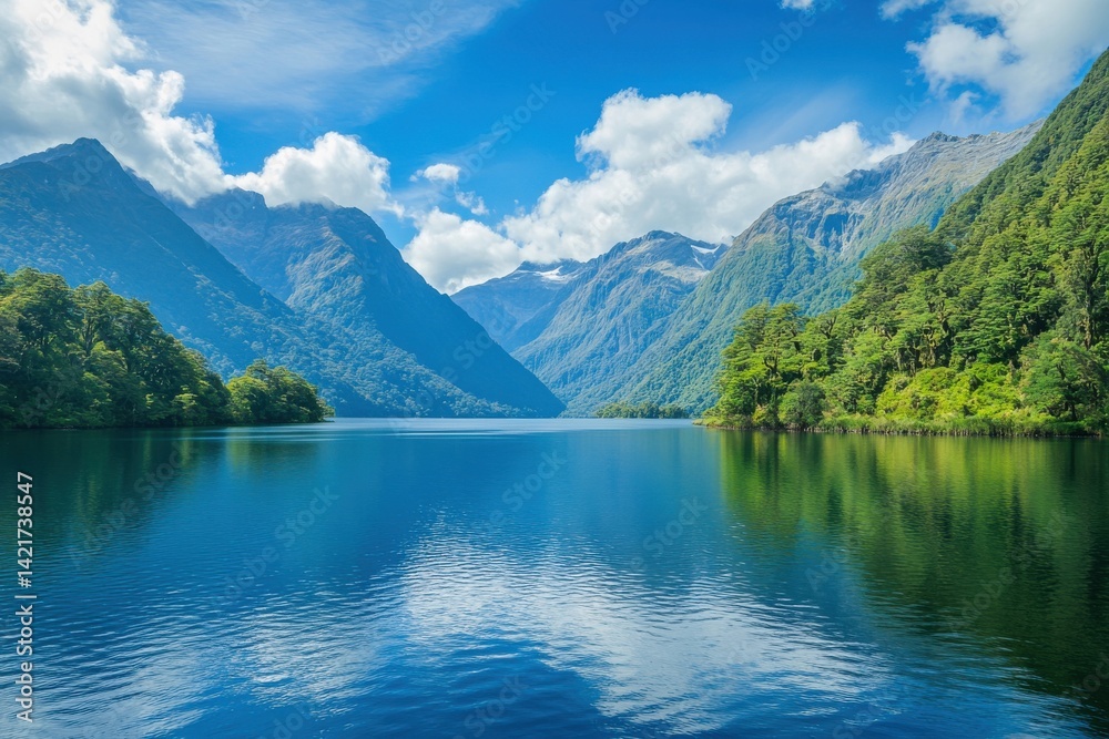 Fototapeta premium Majestic alpine lake framed by vibrant greenery and towering mountains in peaceful natural environment