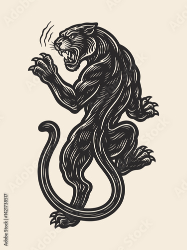 Engraved black panther illustration in vintage tattoo style photo
