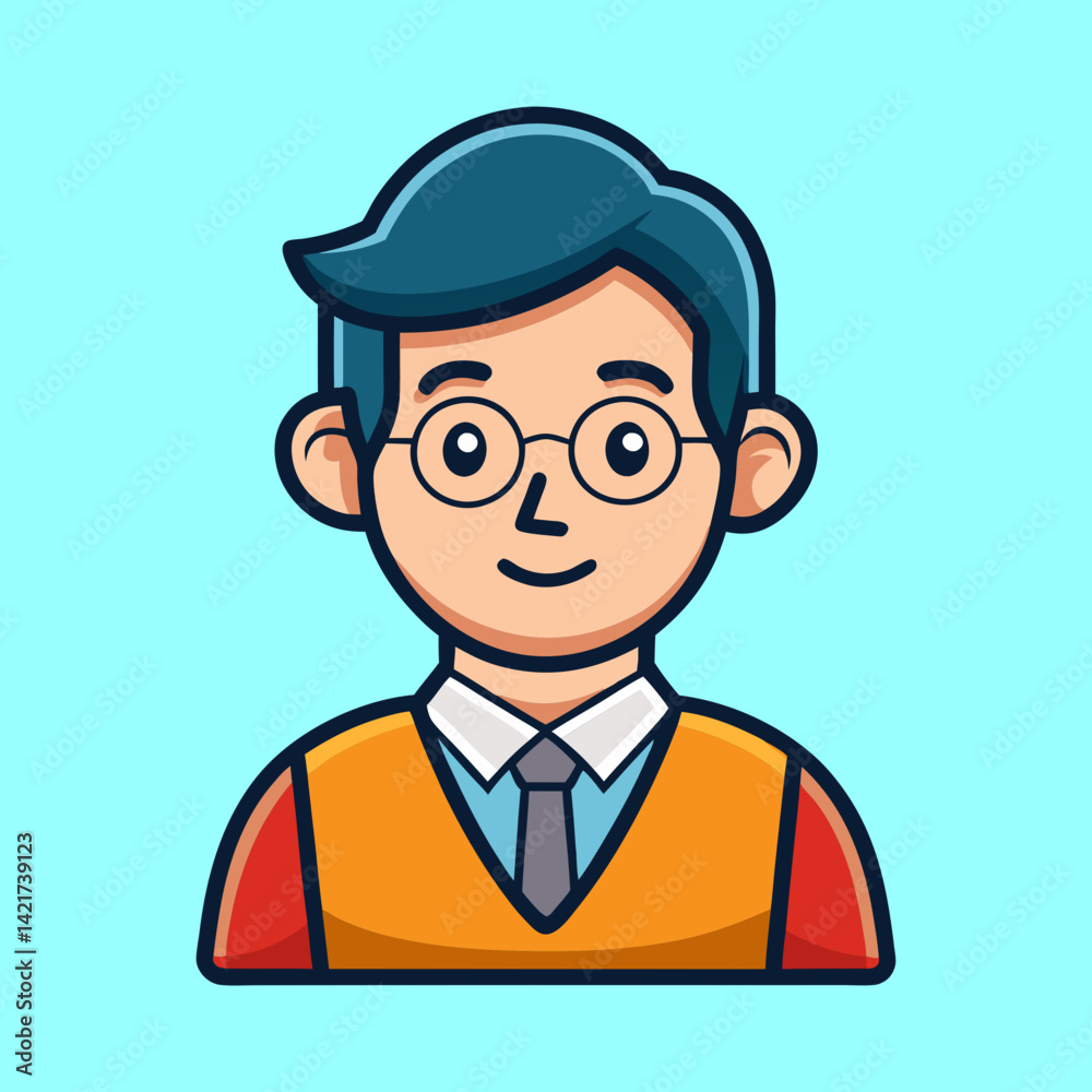 Cartoon Illustration of a Man with Glasses, Tie and Vest Over Shirt Cartoon Illustration of a Man with Glasses, Tie and Vest Over Shirt