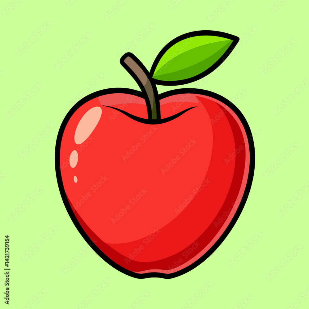 Fototapeta premium A charming cartoon illustration of a bright red apple with a leaf
